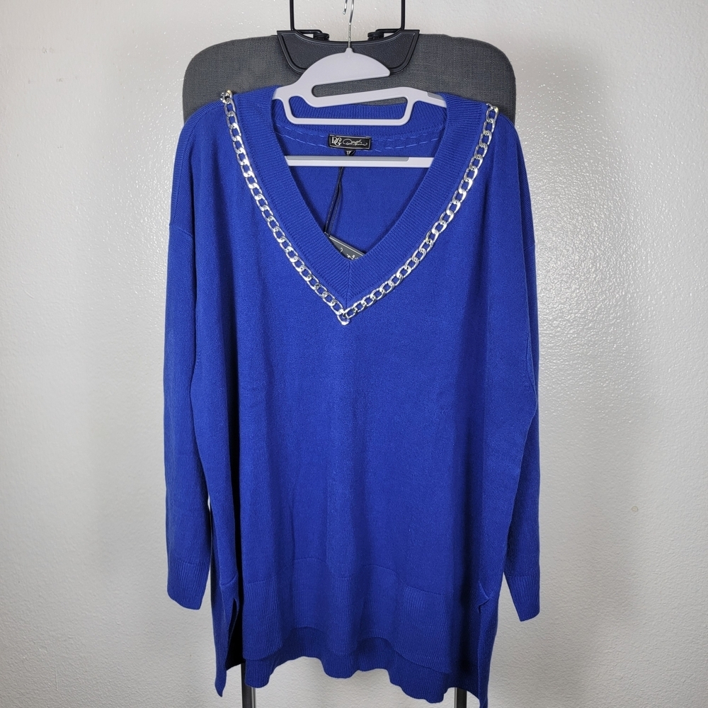 DG2 by Diane‎ Women's Lux Knit Chain Trim V-Neck Sweater Blue Size 2X